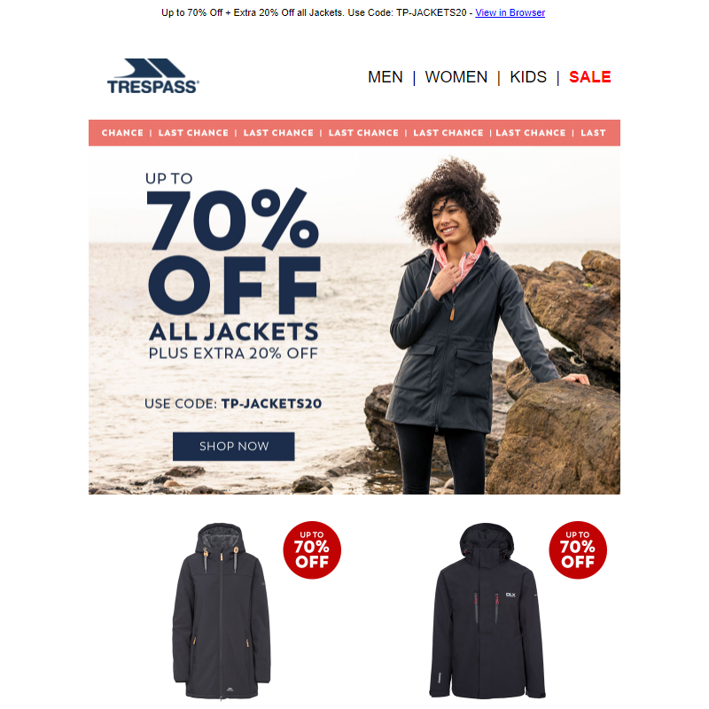 Hurry! Up to 70% off + Extra 20% off Jackets | Last Chance
