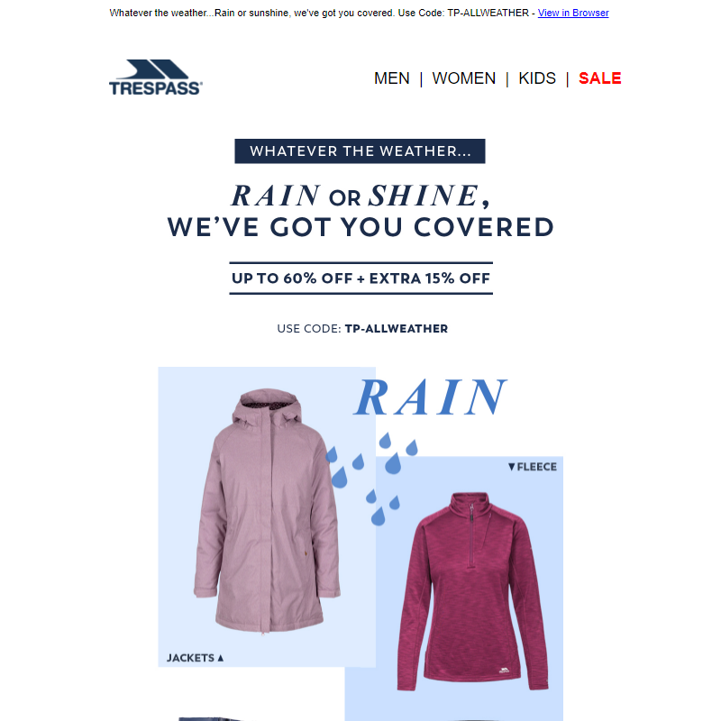 Up to 60% Off + Extra 15% Off All Weather Essentials