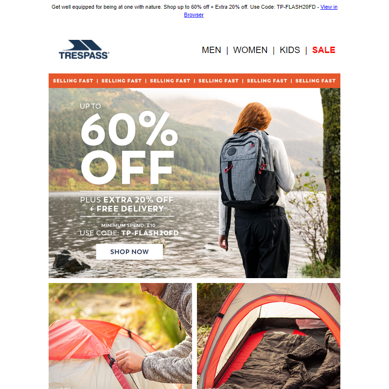 Up to 60% off + Extra 20% off Camping