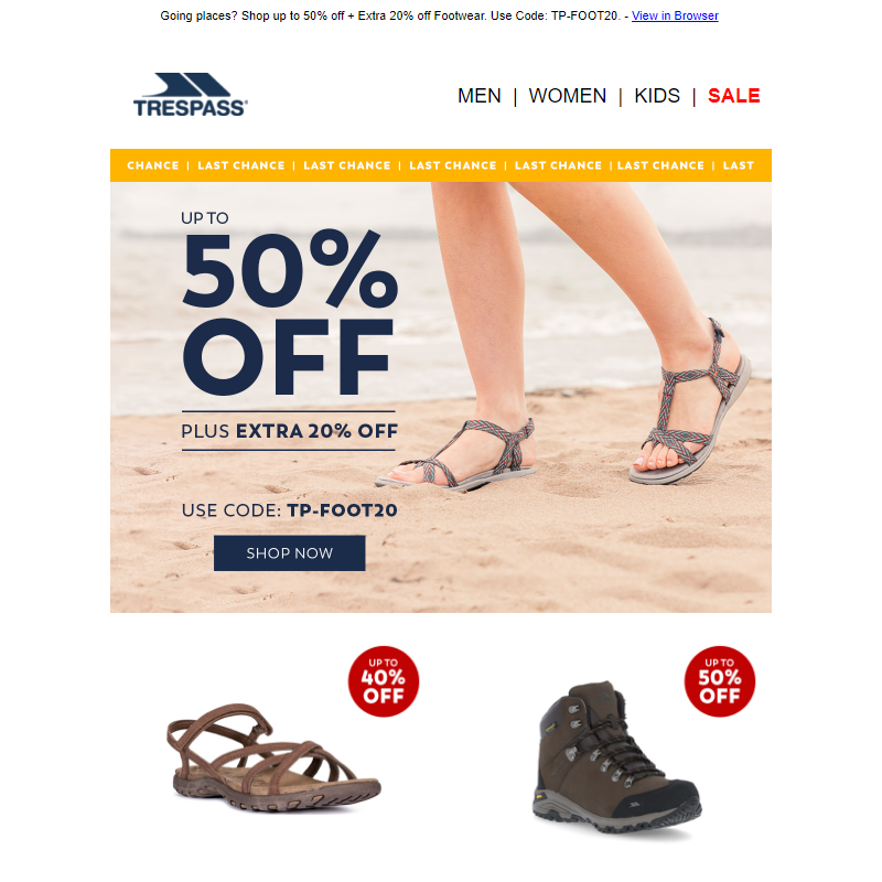 Hurry! Up to 50% off + Extra 20% off Footwear | Last Chance