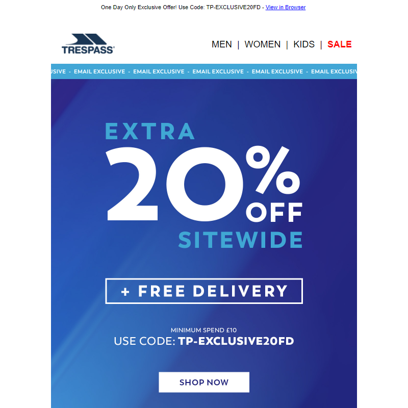 Extra 20% Off + Free Delivery Sitewide