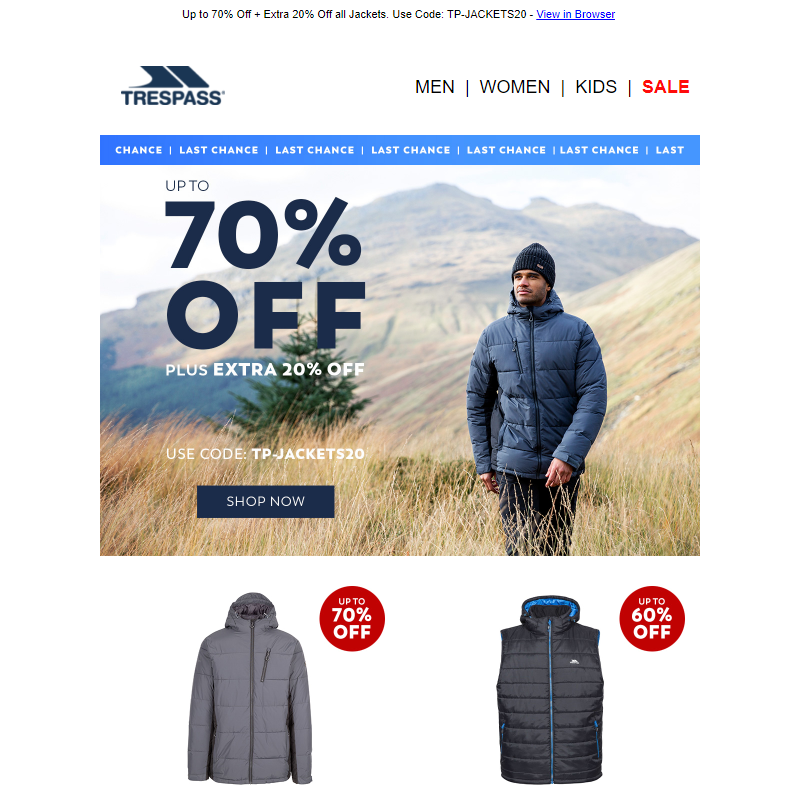 Up to 70% off + Extra 20% off All Jackets | Last Chance
