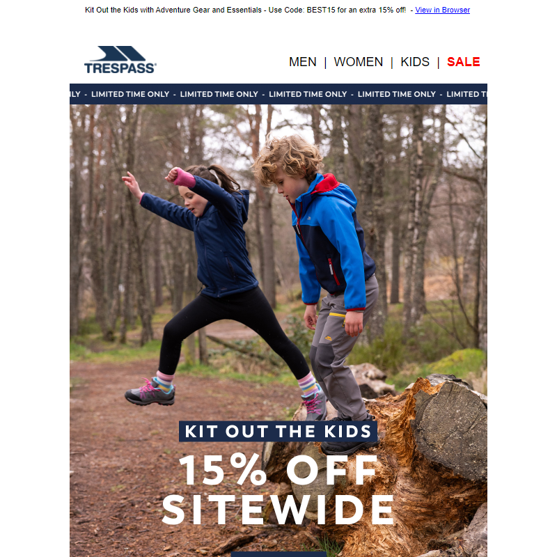 15% Off Kids' Outdoor Gear _