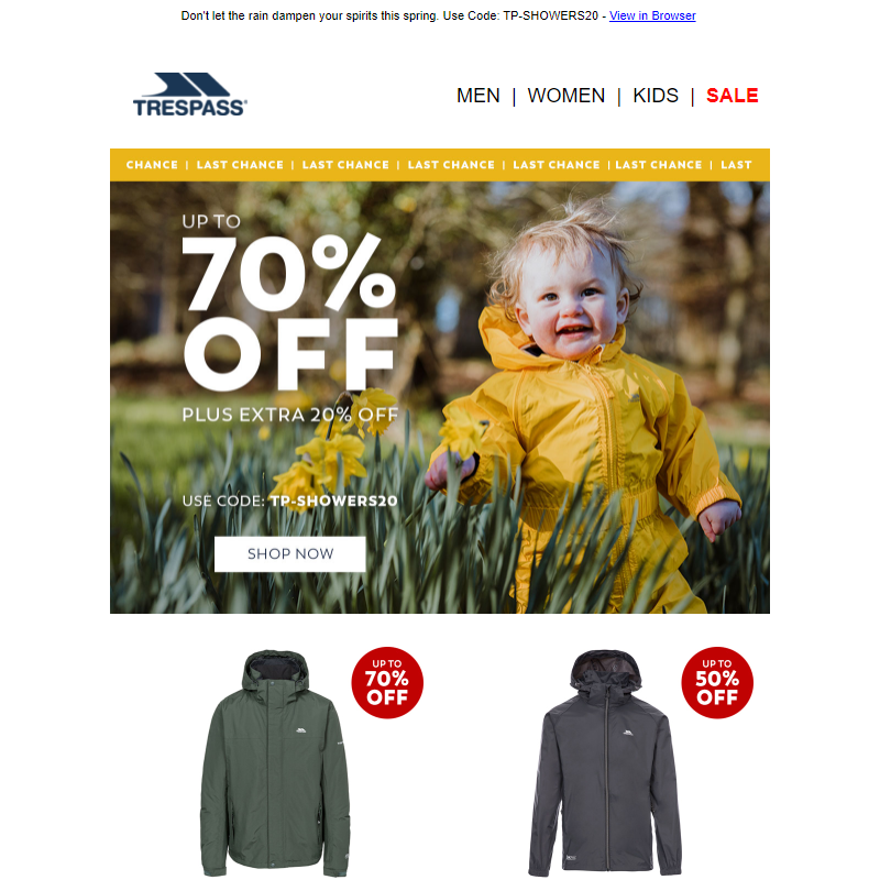 Up to 70% off + Extra 20% off Waterproofs | Last Chance