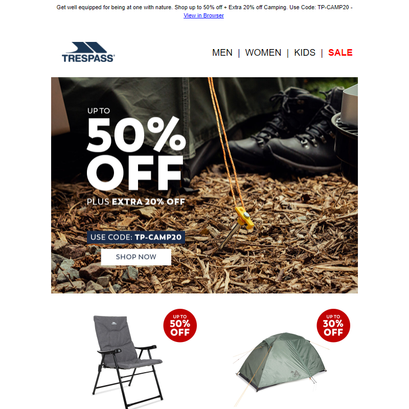 Up to 50% off + Extra 20% off Camping