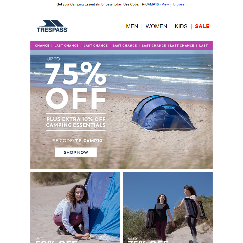 Save Up to 75% off + Extra 10% off Camping | Last Chance