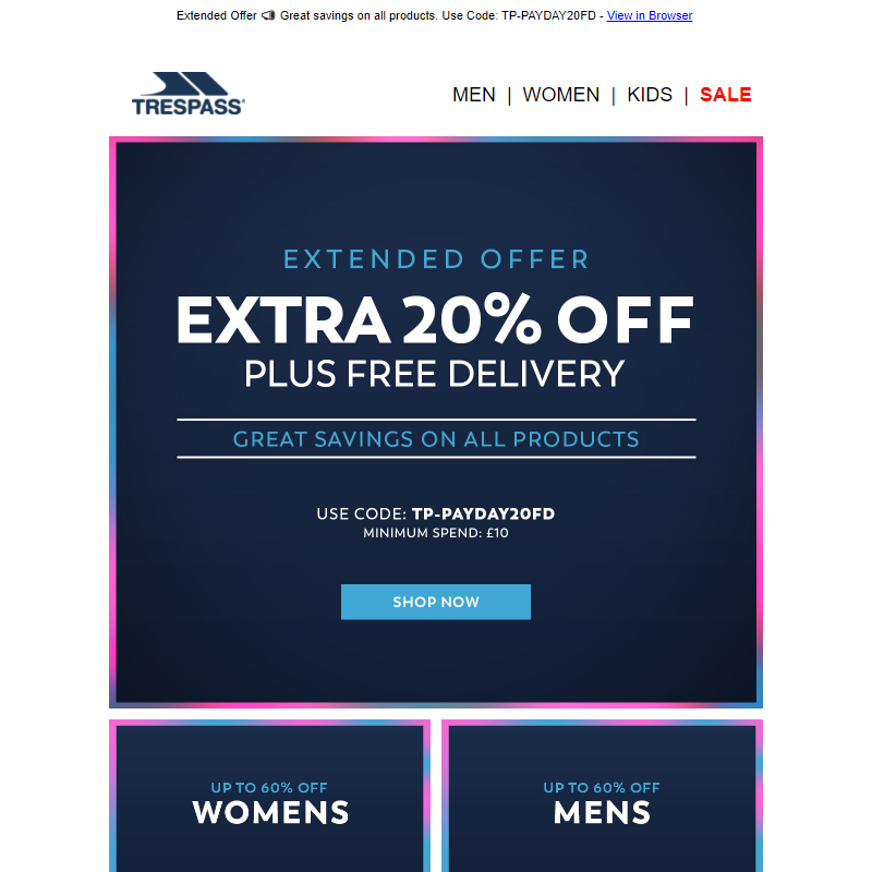 One Day Only! Extra 20% Off + Free Delivery