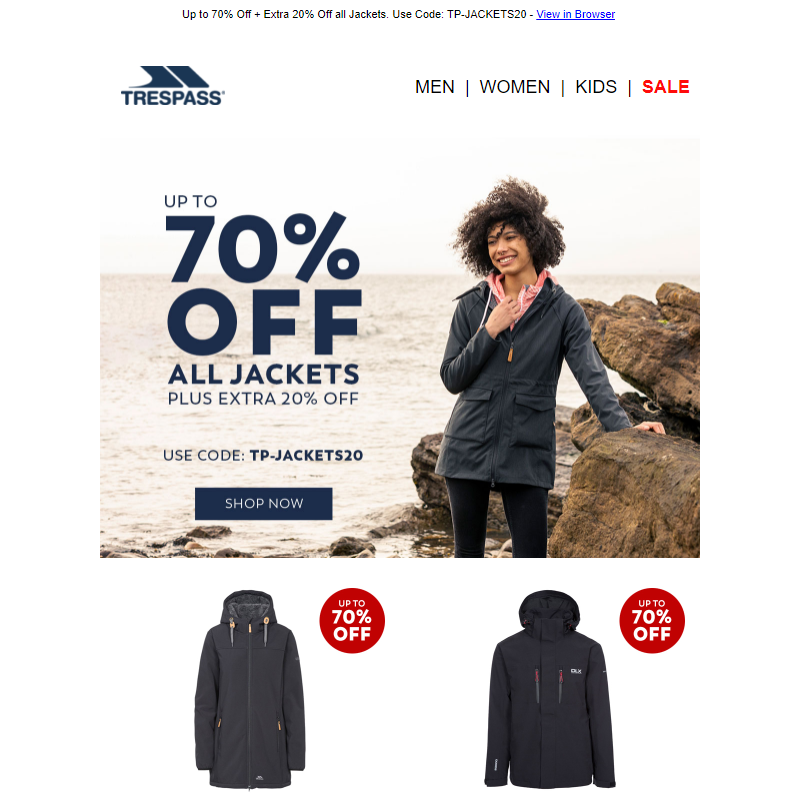 Up to 70% off + Extra 20% off all Jackets