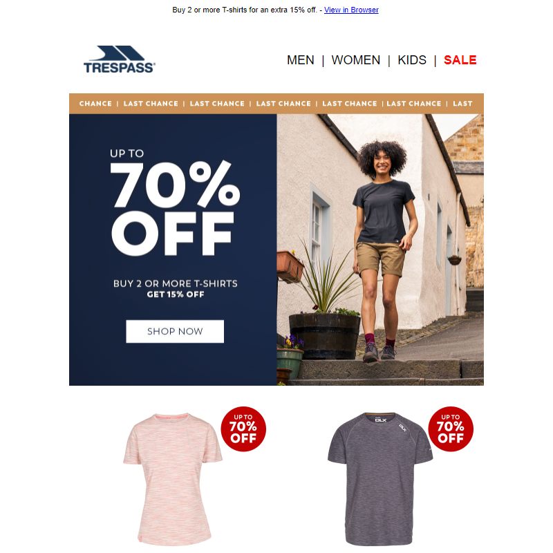 Hurry! Up to 70% off + Extra 15% off T-shirts | Last Chance