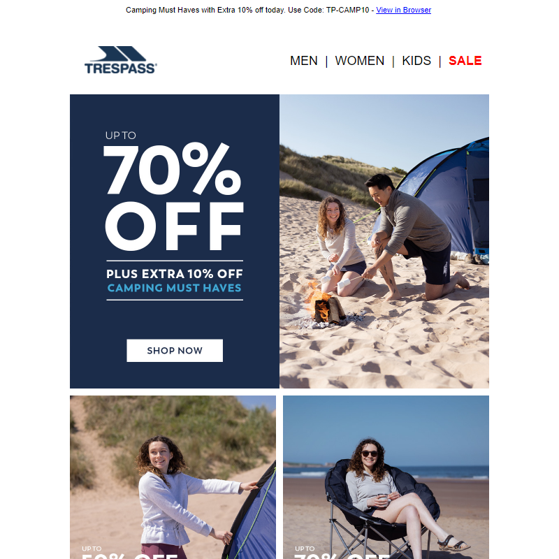 Up to 70% off + Extra 10% off Camping