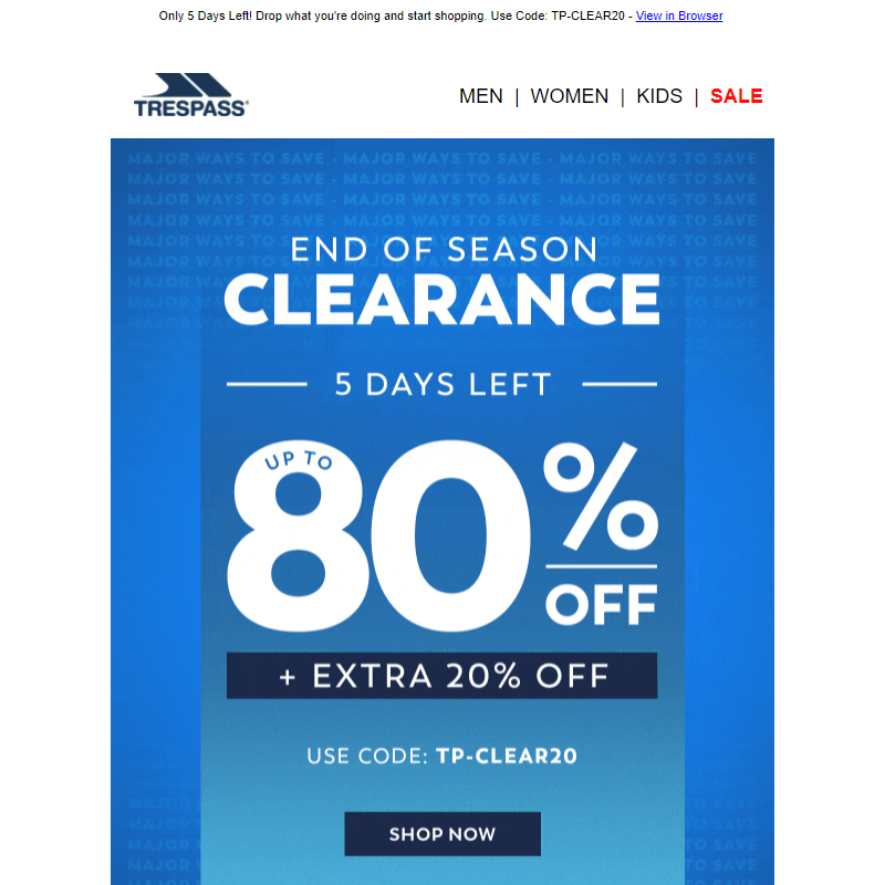 Up to 80% Off + Extra 20% Off Clearance