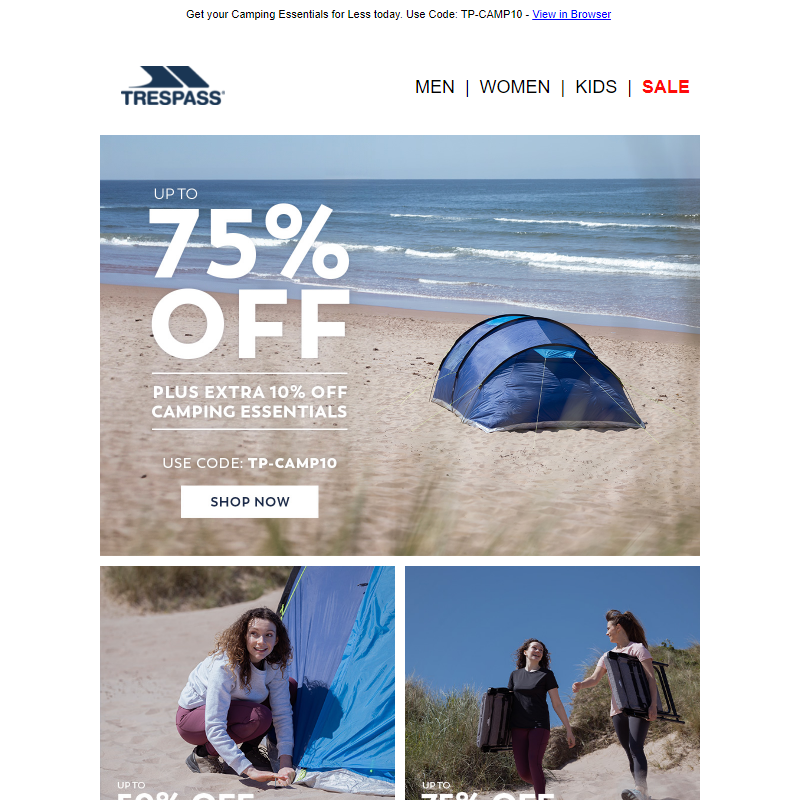 Up to 75% off + Extra 10% off Camping __