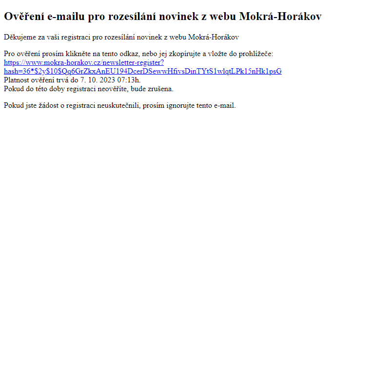 Ověření e-mailu pro rozesílání novinek z webu Mokrá-Horákov