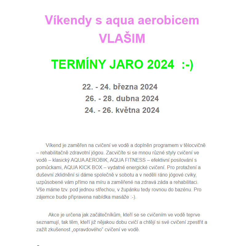 Nové AQUA AEROBIC Víkendy ve Vlašimi - termíny JARO 2024 :-)