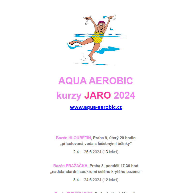 AQUA AEROBIC - NOVÉ kurzy JARO 2024 duben až červen, zápisy spuštěny :-)