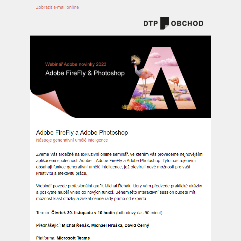 Pozvánka na webinář Adobe FireFly a Adobe Photoshop: Nástroje generativní umělé inteligence