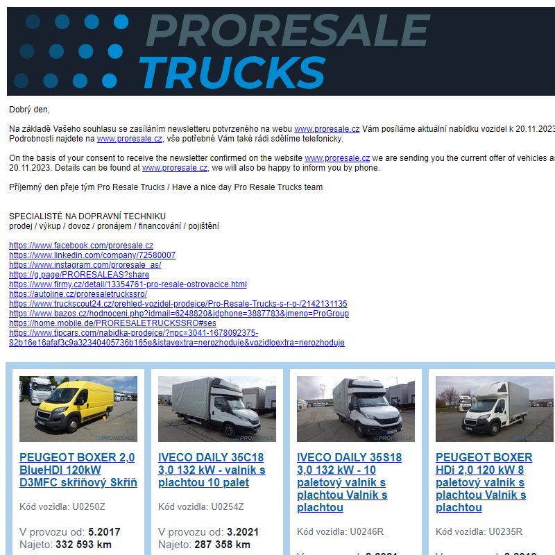Newsletter - aktuální nabídka vozidel k 20.11.2023