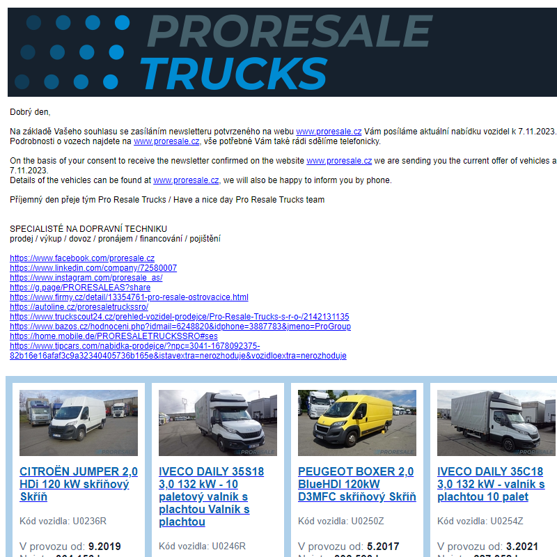Newsletter - aktuální nabídka vozidel k 7.11.2023