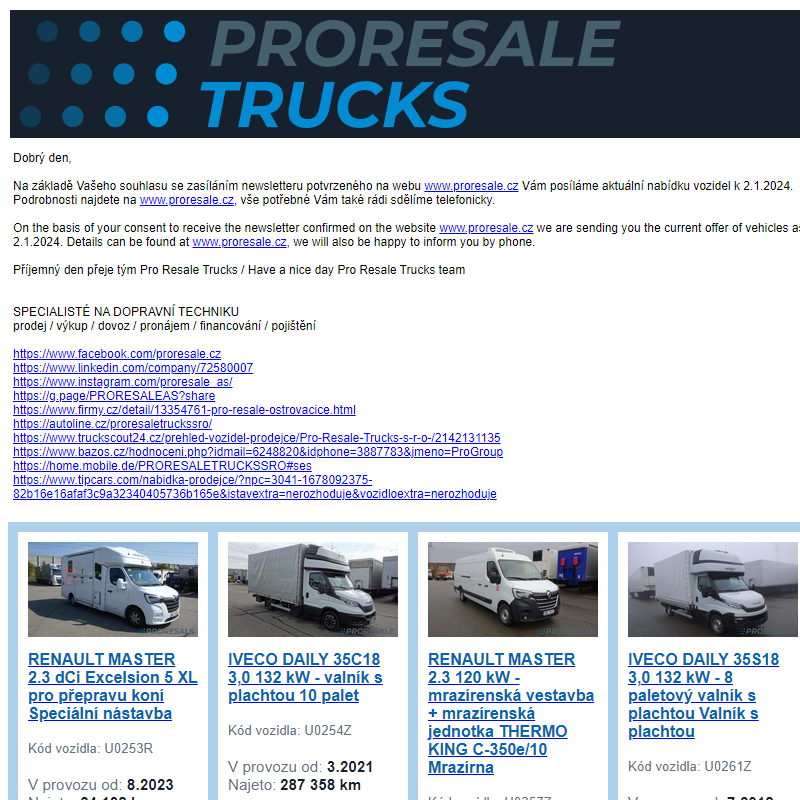 Newsletter - aktuální nabídka vozidel k 2.1.2024