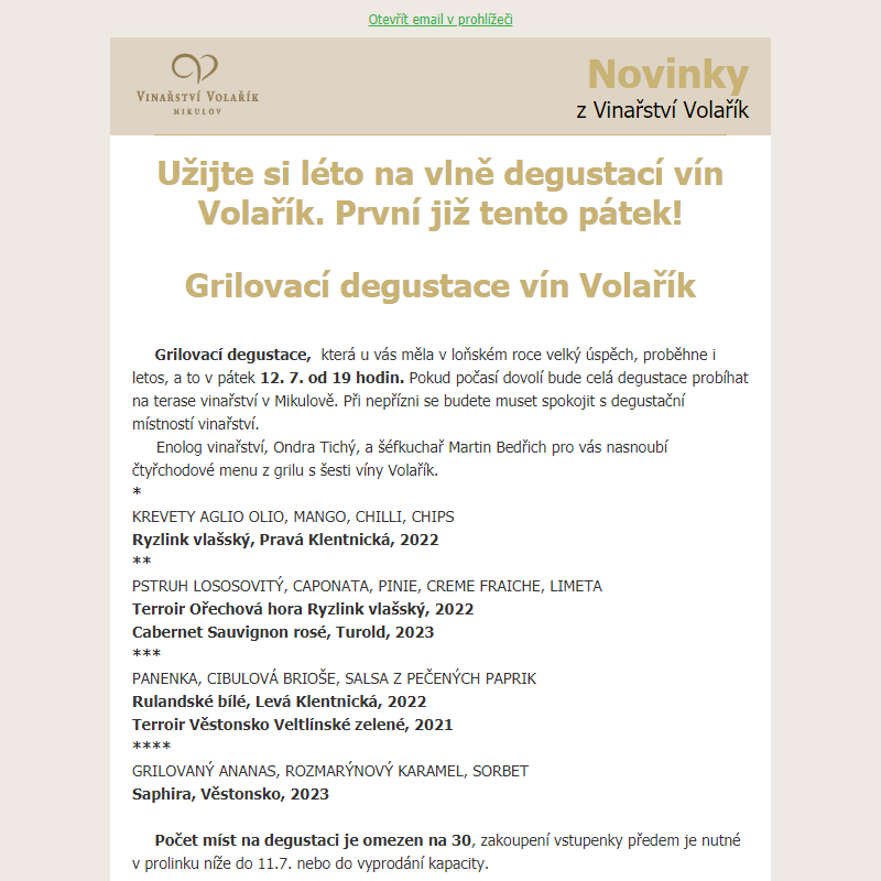 Novinky 4/24 - letní degustace vín Volařík