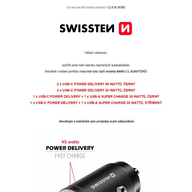 SWISSTEN - Nano autonabíječka 2 x USB-C s výkonem 45 Wattů