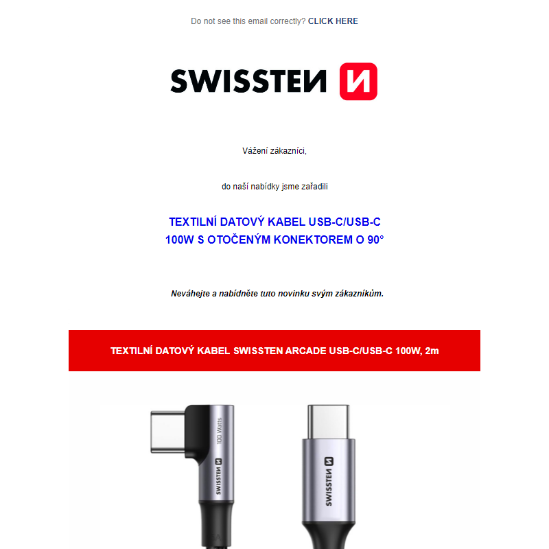 Textilní datový kabel SWISSTEN Arcade USB-C/USB-C 100W