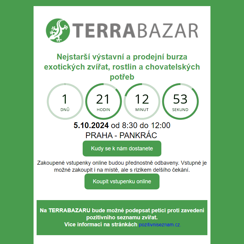 _ Terrabazar 5.10. / _ Ryby a rybičky 6.10. / _ Živá Exotika 19.10. / _ Botanická burza 9.11.