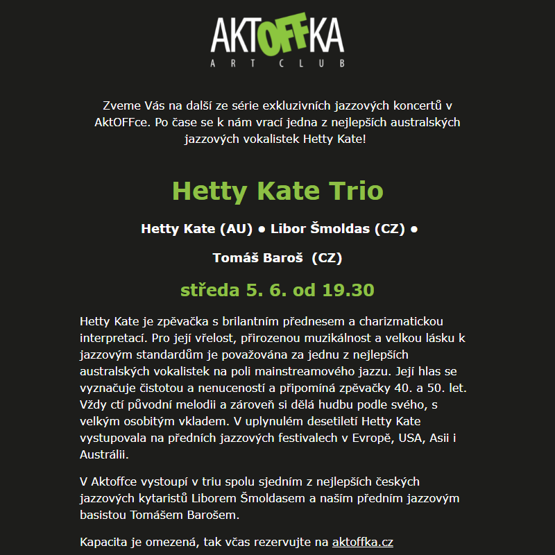 Pozvánka na Hetty Kate Trio v Aktoffce