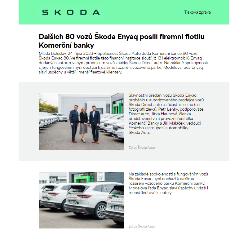 Dalších 80 vozů Škoda Enyaq posílí firemní flotilu Komerční banky
