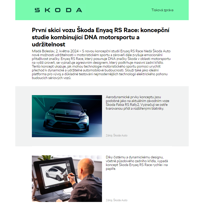 První skici vozu Škoda Enyaq RS Race: koncepční studie kombinující DNA motorsportu a udržitelnost