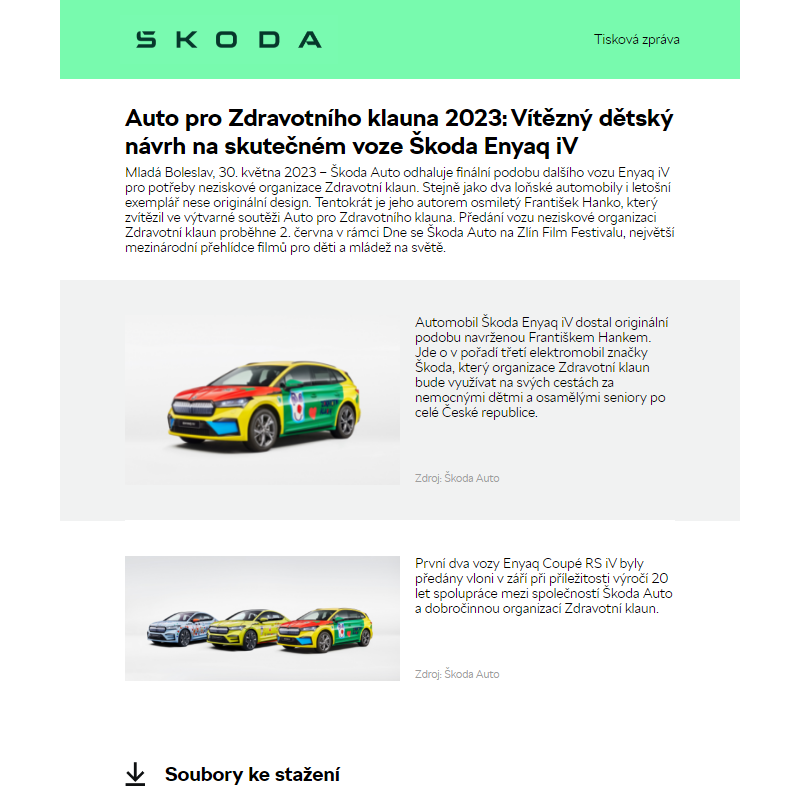 Auto pro Zdravotního klauna 2023: Vítězný dětský návrh na skutečném voze Škoda Enyaq iV