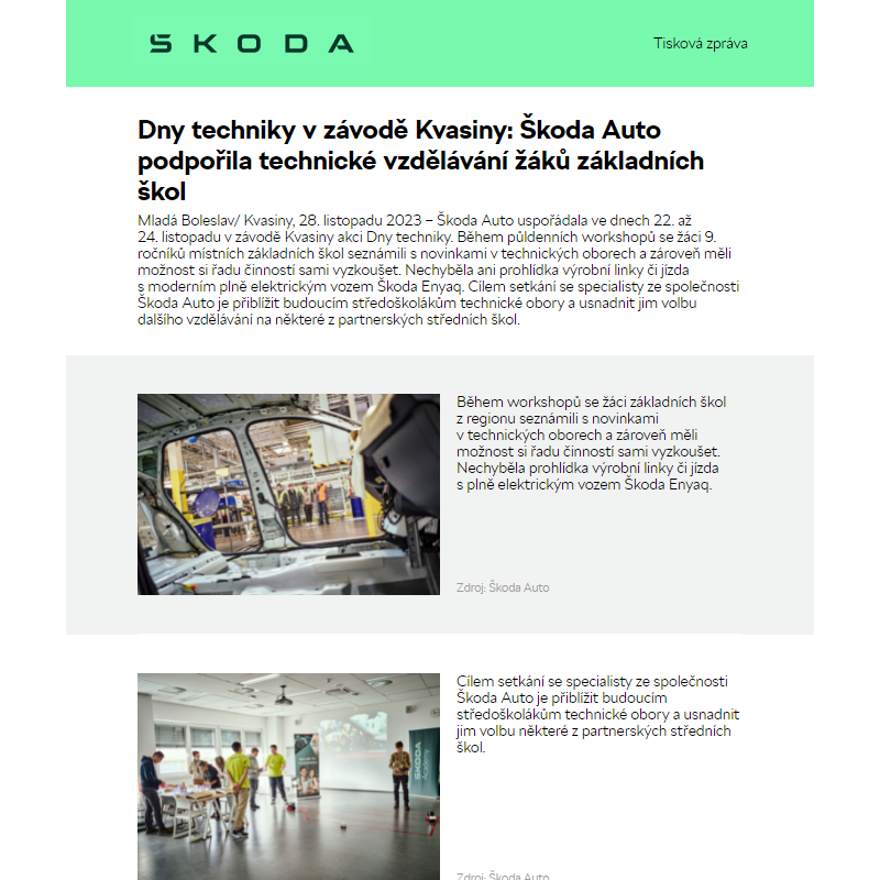 Dny techniky v závodě Kvasiny: Škoda Auto podpořila technické vzdělávání žáků základních škol