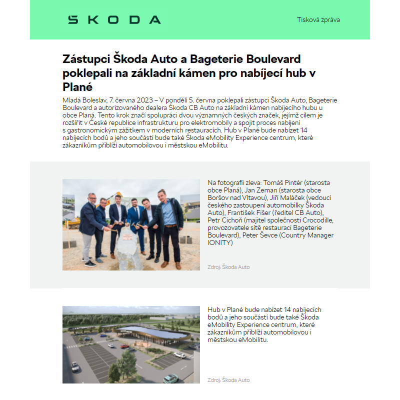Zástupci Škoda Auto a Bageterie Boulevard poklepali na základní kámen pro nabíjecí hub v Plané