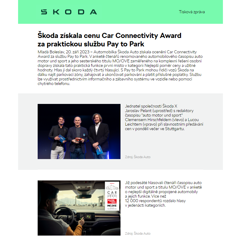 Škoda získala cenu Car Connectivity Award za praktickou službu Pay to Park