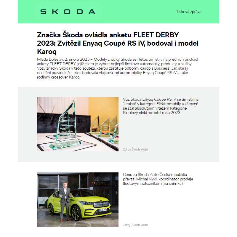 Značka Škoda ovládla anketu FLEET DERBY 2023:  Zvítězil Enyaq Coupé RS iV, bodoval i model Karoq