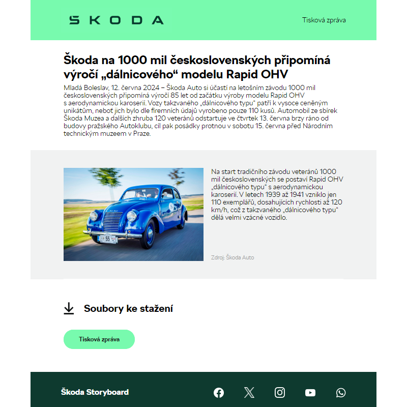 Škoda na 1000 mil československých připomíná výročí „dálnicového“ modelu Rapid OHV