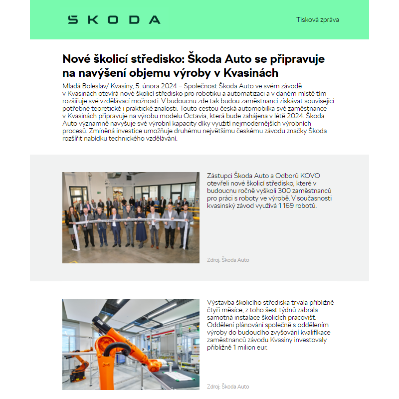 Nové školicí středisko: Škoda Auto se připravuje na navýšení objemu výroby v Kvasinách