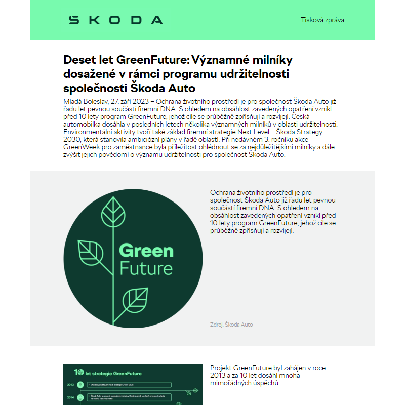 Deset let GreenFuture: Významné milníky dosažené v rámci programu udržitelnosti společnosti Škoda Auto