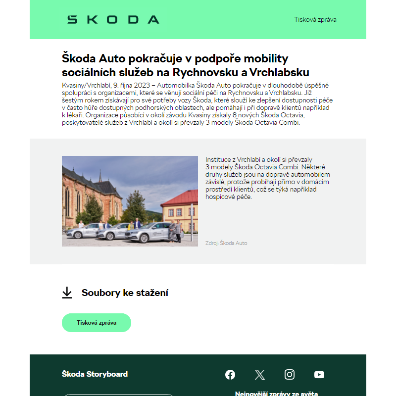 Škoda Auto pokračuje v podpoře mobility sociálních služeb na Rychnovsku a Vrchlabsku