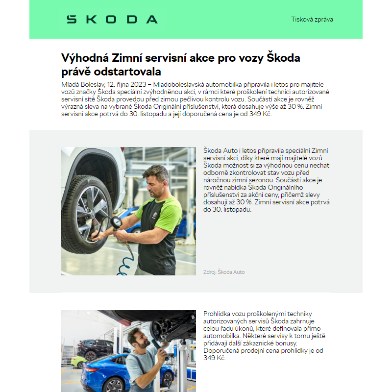 Výhodná Zimní servisní akce pro vozy Škoda právě odstartovala
