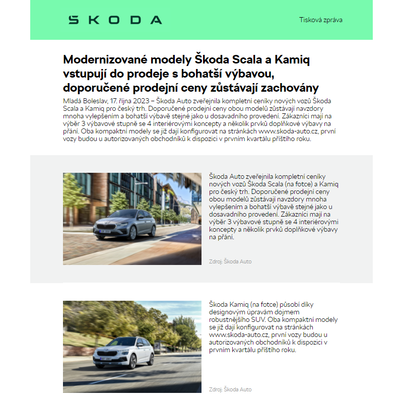 Modernizované modely Škoda Scala a Kamiq vstupují do prodeje s bohatší výbavou, doporučené prodejní ceny zůstávají zachovány
