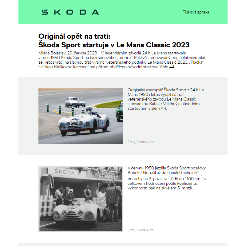 Originál opět na trati: Škoda Sport startuje v Le Mans Classic 2023