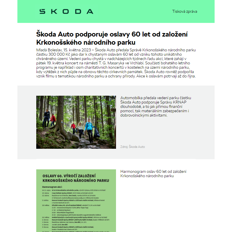 Škoda Auto podporuje oslavy 60 let od založení Krkonošského národního parku
