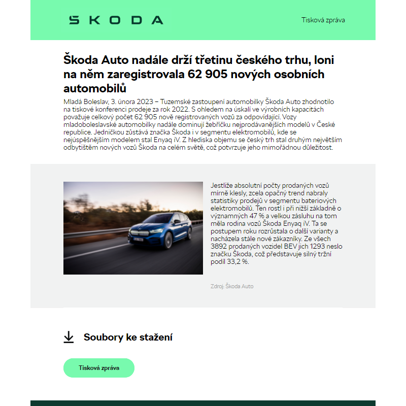 Škoda Auto nadále drží třetinu českého trhu, loni na něm zaregistrovala 62 905 nových osobních automobilů
