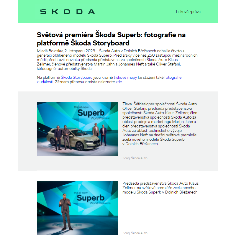 Světová premiéra Škoda Superb: fotografie na platformě Škoda Storyboard