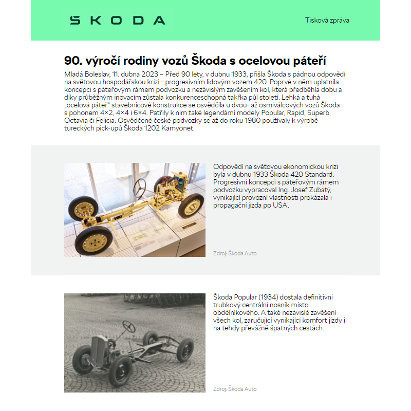 90. výročí rodiny vozů Škoda s ocelovou páteří