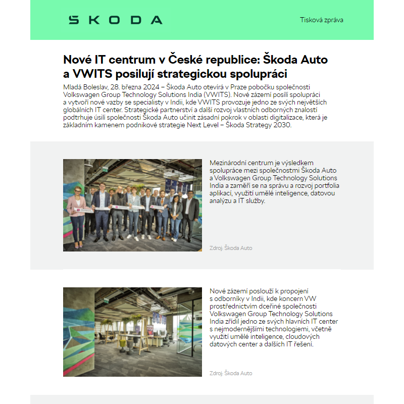 Nové IT centrum v České republice: Škoda Auto a VWITS posilují strategickou spolupráci
