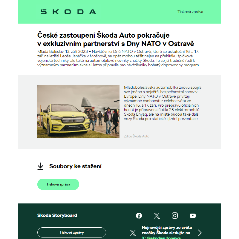 České zastoupení Škoda Auto pokračuje v exkluzivním partnerství s Dny NATO v Ostravě