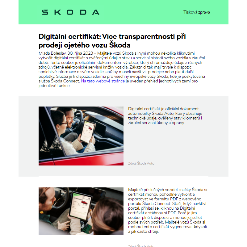 Digitální certifikát: Více transparentnosti při prodeji ojetého vozu Škoda