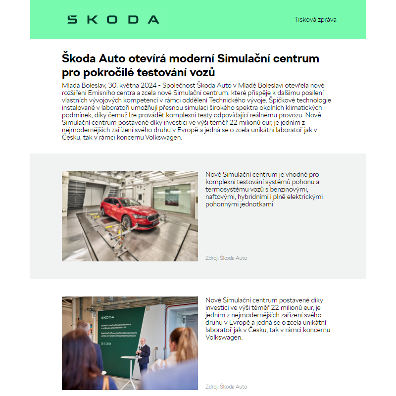 Škoda Auto otevírá moderní Simulační centrum pro pokročilé testování vozů